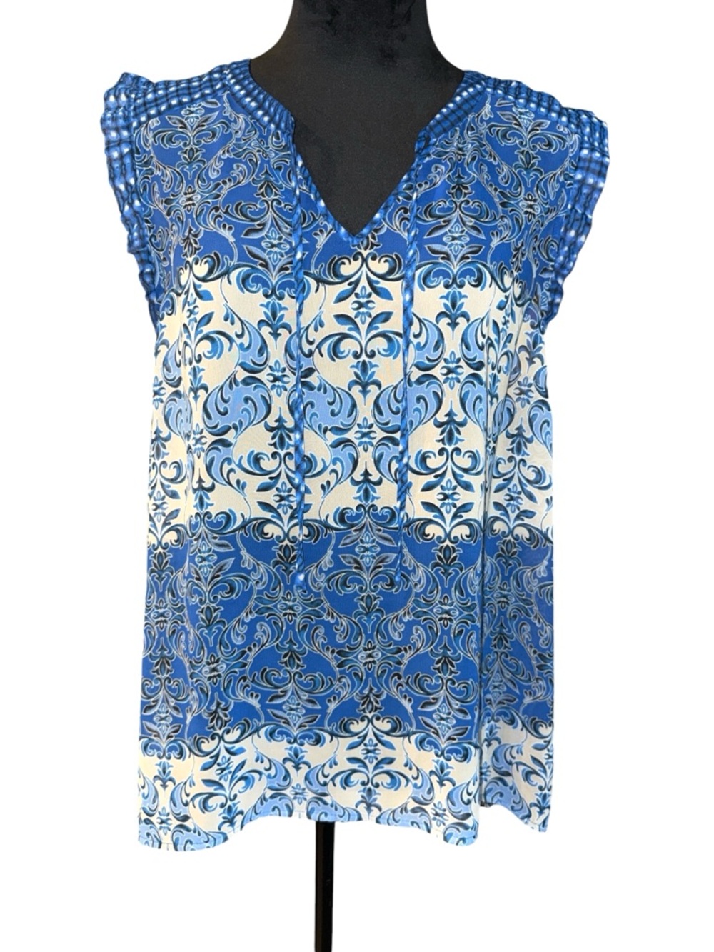 Elle Blue and White Sheer High Low Sleeveless Top, Size XL, NWOT